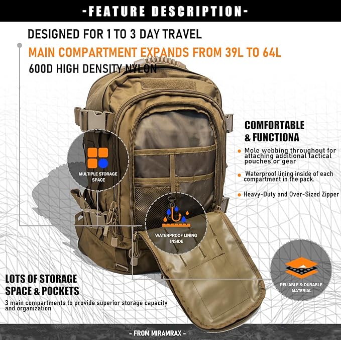 Tactical Backpack Military Army Daypack - Assault Pack for Men Molle Backpacks Bug Out Bag 3 Day Pack for Hiking Camping Travel Hunting Rucksack Trekking Coyote