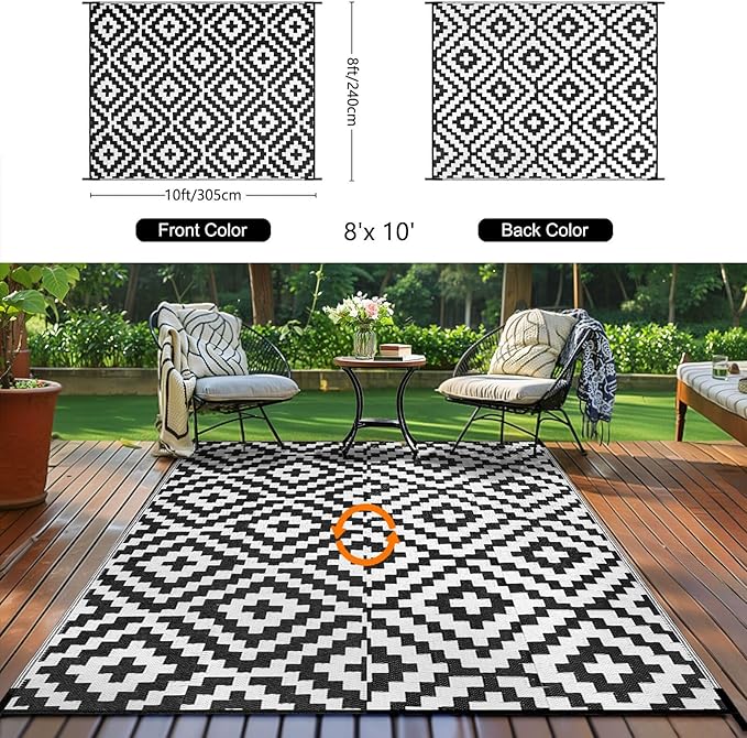 Outdoor Patio Plastic Straw Rug - 8'x10' Outdoor Camping Rug Waterproof Reversible, Area Carpet Patios Clearance RV, Outside Porch Balcony Deck for Camper, Black & White