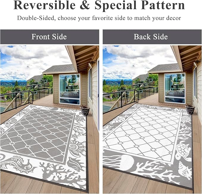 Vaukki Reversible Rugs, Plastic Straw Outdoor Doormat, Fade Resistant Plastic Outdoor Patio Mat, Lightweight Ocean Area Carpet for Patio, RV, Camping, Beach, Deck, Backyard and Picnic (Grey, 5'x8')