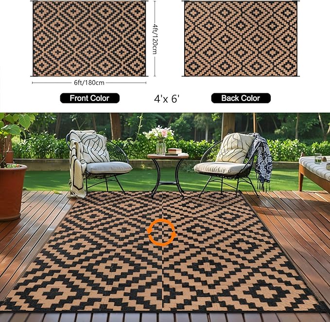 Outdoor Patio Plastic Straw Rug - 4'x6' Outdoor Camping Rug Waterproof Reversible, Area Carpet Patios Clearance RV, Outside Porch Balcony Deck for Camper, Black & Brown