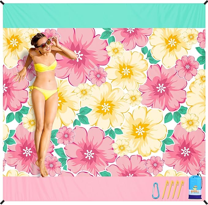 BYDOLL Beach Blanket Waterproof Sandproof 78''×81'' Suits1-4 Adults Compact Lightweight Oversized Sand-Free Blanket Large Picnic Mat for Beach Travel Camping Hiking