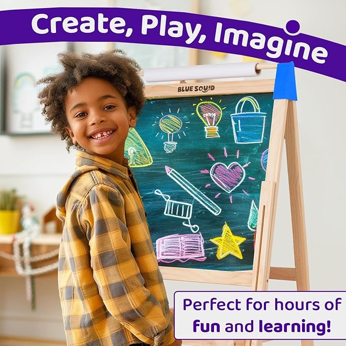 Blue Squid Art Easel for Kids - Dual-Sided Adjustable Wooden Painting Easels, Ideal Christmas Gift for Toddlers and Kid - with Magnetic Chalk Board, White Board & Paper Roll, Includes Accessories