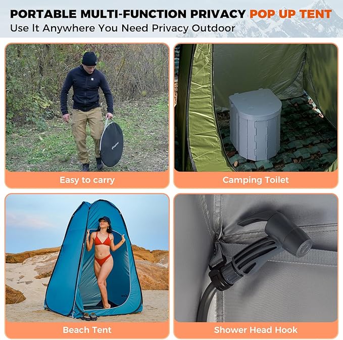 KingCamp Camping Shower Tent, Portable Outdoor Privacy Toilet & Changing Tent Windproof & Waterproof Easy Setup 1 or 2 Room Shelter with Shower Bag for Camping Hiking Beach