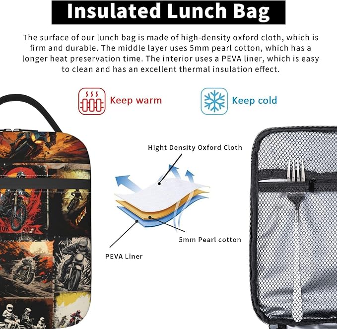 Sport Motorcycle Lunch Boxs for Men Women, Dirt-Bike Motocross Lunch Bag for Kids, Portable Reusable Insulated Lunch Bag for School Work Travel
