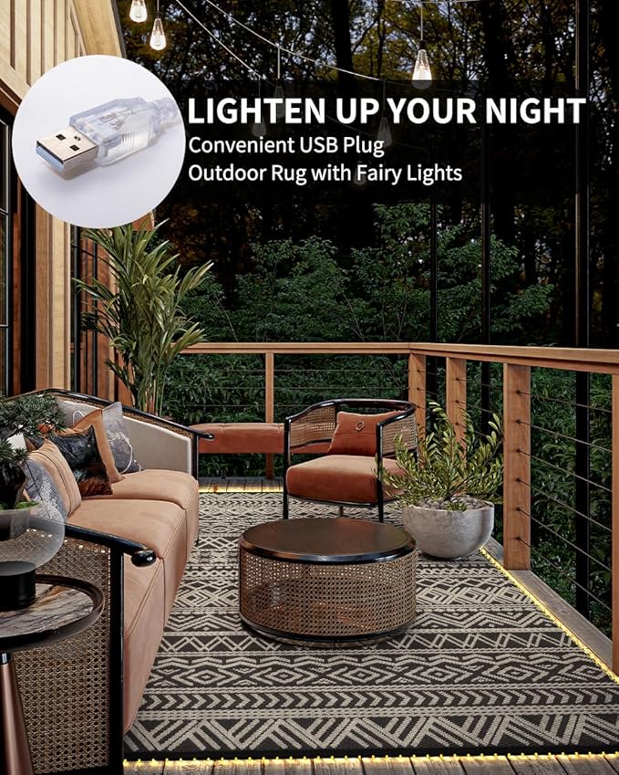 MontVoo-Outdoor Rug Carpet 6x9 ft for Patio RV Camping with Led Strip Lights Waterproof Plastic Straw Rug Reversible Portable Outside Indoor Outdoor Rug Mat for Patio Decor Balcony Picnic-Boho