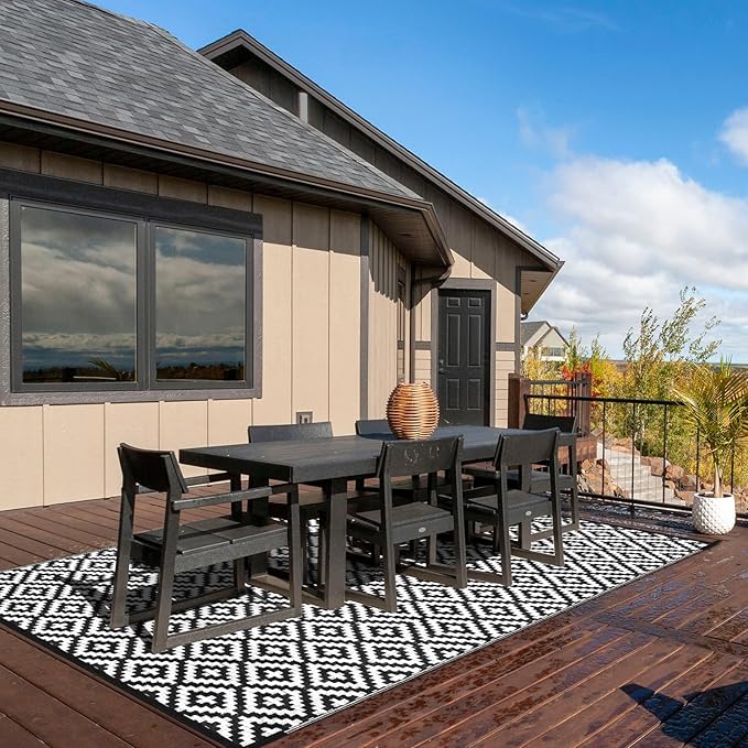 Outdoor Patio Plastic Straw Rug - 8'x10' Outdoor Camping Rug Waterproof Reversible, Area Carpet Patios Clearance RV, Outside Porch Balcony Deck for Camper, Black & White