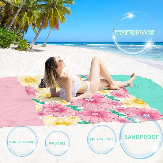 BYDOLL Beach Blanket Waterproof Sandproof 78''×81'' Suits1-4 Adults Compact Lightweight Oversized Sand-Free Blanket Large Picnic Mat for Beach Travel Camping Hiking