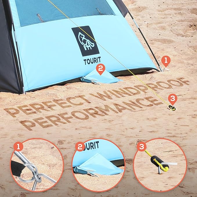 TOURIT Beach Tent 3 Person Instant Sun Shelter with UV Protection for Outdoor Family Beach, Hiking, Fishing