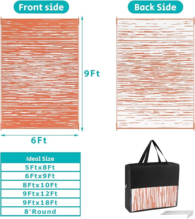 HEBE Outdoor Rug 6'x9' for Patios Clearance Waterproof Patio Mat Plastic Straw Rug Reversible RV Camping Tent Rug Outside Indoor Outdoor Area Rugs for RV,Deck,Beach,Balcony,Camper