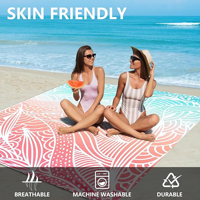 Beach Blanket Waterproof Sandproof Beach Mat 79”x 83” for 1-4 Adults Quick Drying Durable Outdoor Picnic Mat for Beach Festival Travel Camping Hiking (Gradiant P&GN-Ripple, 79"×83"(4 Person))