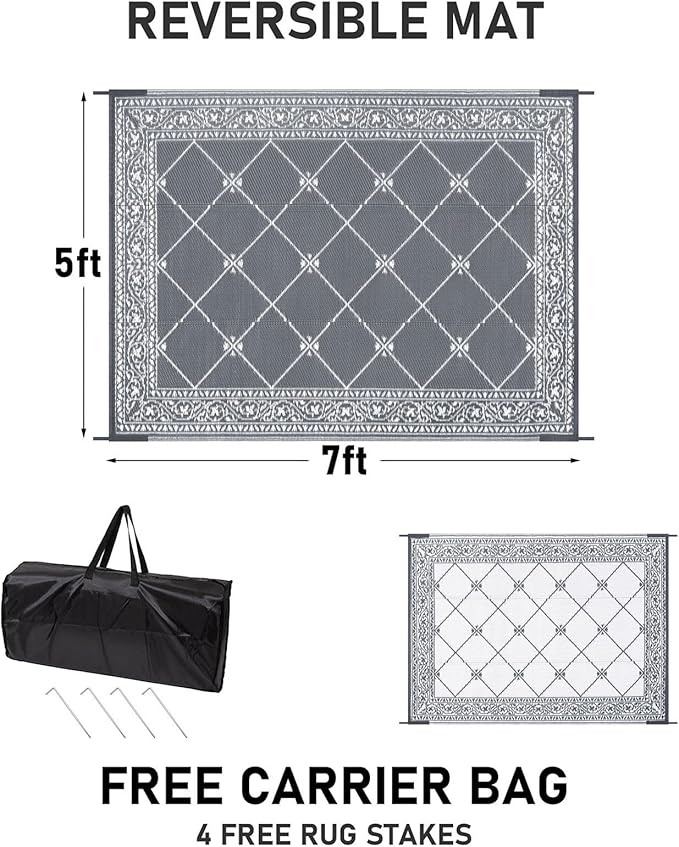 HiiARug Reversible Mat Plastic Outdoor Rugs for Patios Clearance Waterproof Plastic Straw Rug Large Area Rug for Outdoor, Porch, Patio, RV,Camping,5x7Ft, Grey