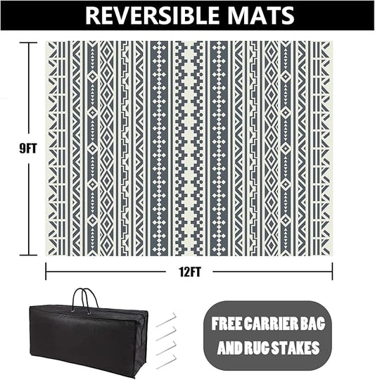 RV Waterproof Mat Outdoor Rugs 9'x12' for Patios Clearance Carpet Camping, Large Plastic Straw (9x12ft Geometric Boho Grey&White)