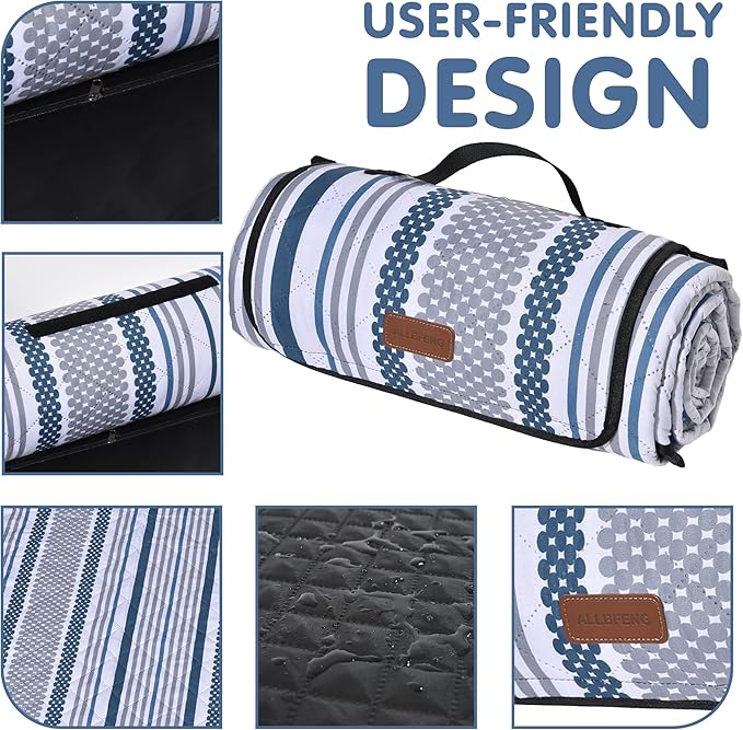 Oversized Waterproof Picnic Mat, Outdoor Beach Mat. Suitable for Camping, Outdoor, Beach, Party and Concert. (Dark Blue & Gray, 80" x 60")