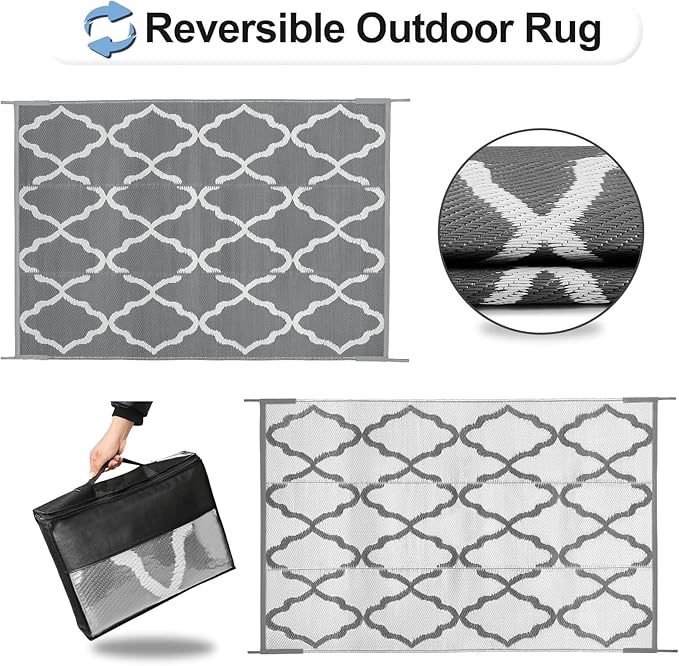 OutdoorLines Outdoor Plastic Area Rugs for Patio 4x6 ft - Reversible Outside Carpet, Stain & UV Resistant RV Mats, Straw Rug for Patio, Camping, Porch and Balcony, Moroccan Grey & Light Grey