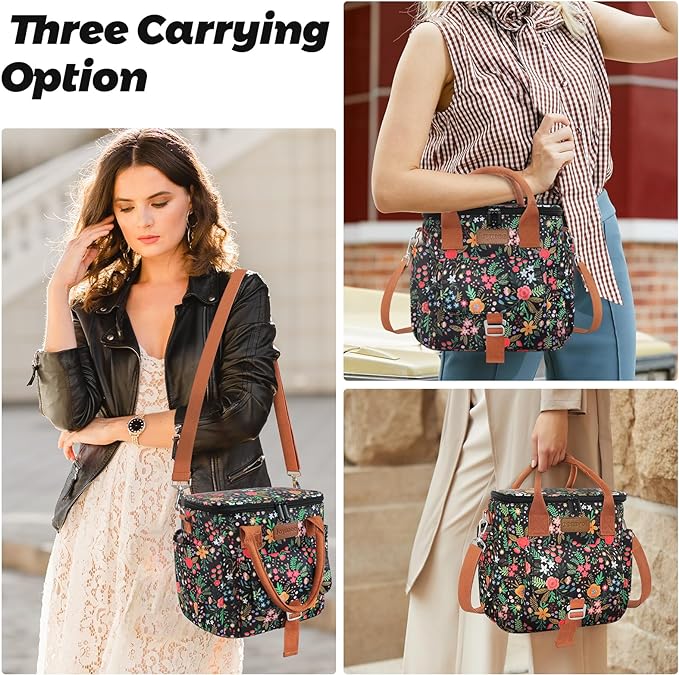 Joymee Large Insulated Lunch Bag for Women Adults, Reusable Waterproof Lunch Box for Work Picnic Camping, Small Lunch Cooler Leakproof Tote with Side Pocket Adjustable Shoulder Strap - Multi-Floral