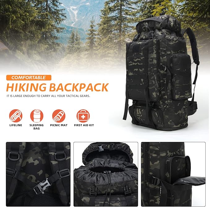 70L/100L Hiking Camping Backpack MOLLE Rucksack Waterproof Daypack for Traveling (Black CP)
