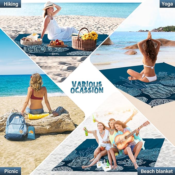 Beach Blanket Waterproof Sandproof 1-7 Adult Oversized 78 '' × 81 '' Lightweight Durable Compact Sand Free Beach Mat for Travel Camping Hiking Picnic Blanket Extra Large