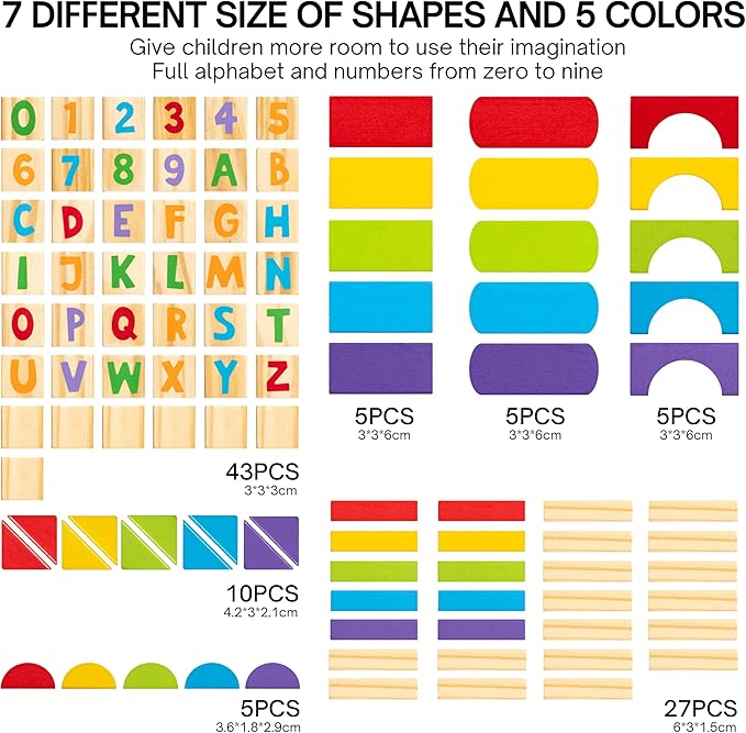 Alphabet Number Wooden Building Blocks Set -100 Blocks in 5 Water Paint Colors and 7 Shapes. Preschool Montessori Kids Baby Toys. Stacking Learning Toys for Toddlers. Age 18 Months +