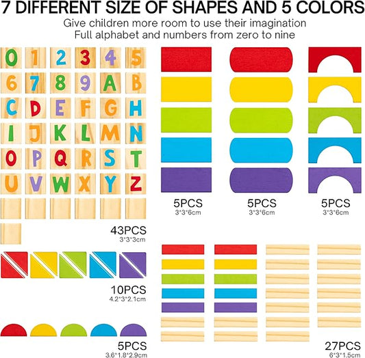 Alphabet Number Wooden Building Blocks Set -100 Blocks in 5 Water Paint Colors and 7 Shapes. Preschool Montessori Kids Baby Toys. Stacking Learning Toys for Toddlers. Age 18 Months +