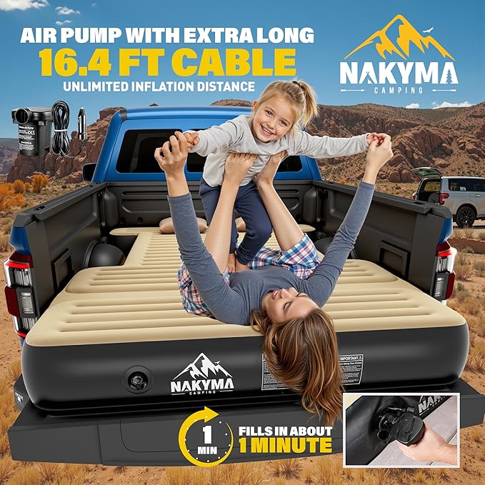 Truck Bed Air Mattress with Extension for 5.5-5.8ft Full Size Short Truck Beds Tent, 86.6"x63"x9.8" Inflatable Camping Air Mattress Pickup Bed with 12V Pump, Sleeping Pad for F-Series, Ram etc