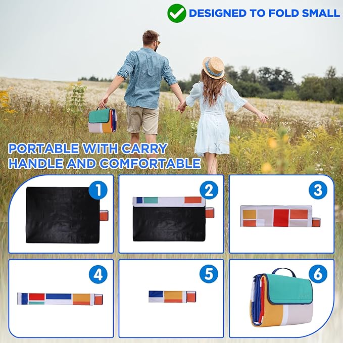 scuddles Picnic Blanket Extra Large 60 X 80, 3 Layers Outdoor Blanket, Water-Resistant Handy Mat Tote Spring Summer Blanket for The Beach