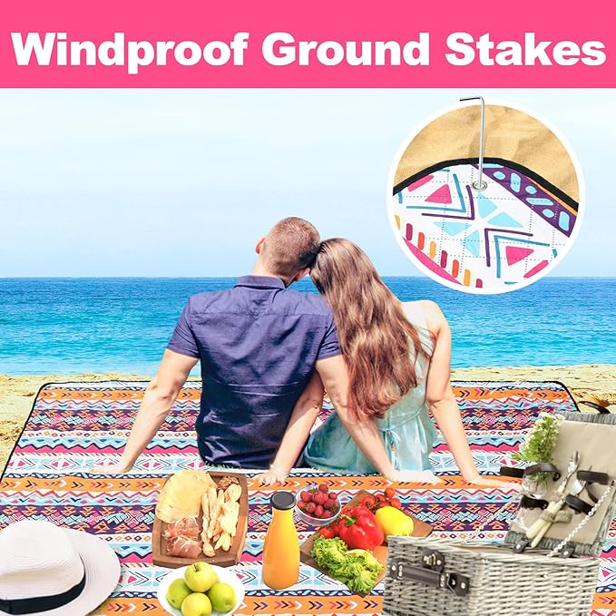 PY SUPER MODE Picnic Blankets Extra Large, Waterproof Foldable Outdoor Beach Blanket Oversized 83x79” Sandproof, 3-Layer Picnic Mat for Camping, Hiking, Travel, Park, Concerts-Bohemian Brown