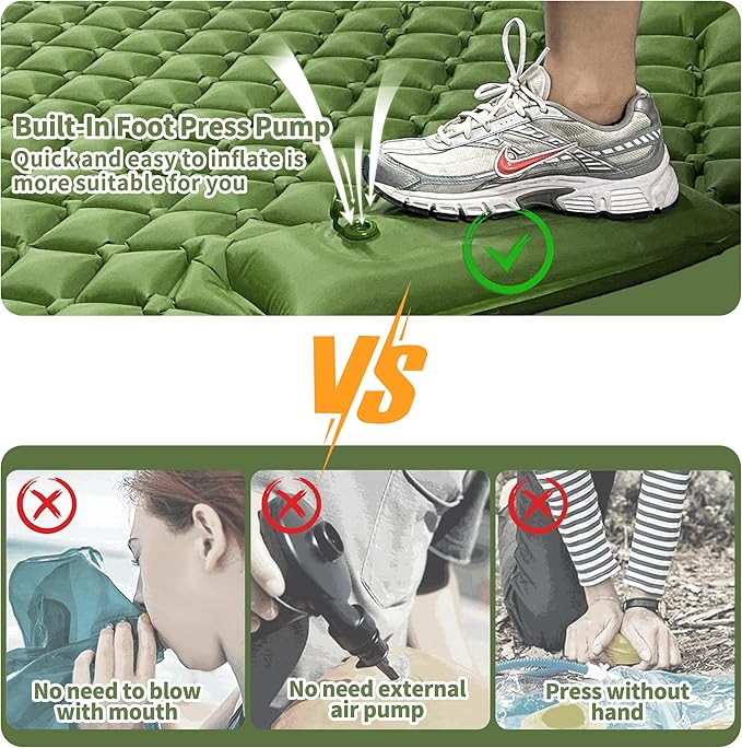Double Sleeping Pad for Camping, 2 Person Ultralight Inflatable Sleeping Mat with Pillow and Built-in Foot Pump, Portable Camping Mattress for Tent, Backpacking, Hiking, Traveling（Green