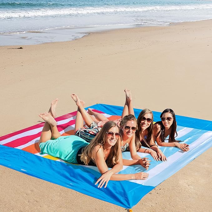 Sandproof Waterproof Beach Blanket, 80"x80" Large Beach Mat for 4-6 Adults, Lightweight Quick Dry Windproof Picnic Mat