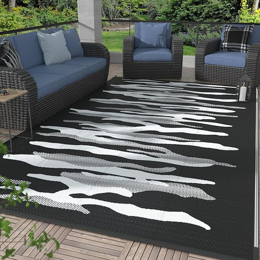 GENIMO Outdoor Rug for Patio Clearance, 6'x9' Waterproof Camping Mat, Reversible Plastic Straw Rugs for RV, Camper, Balcony, Backyard, Picnic, Deck (Black&White)