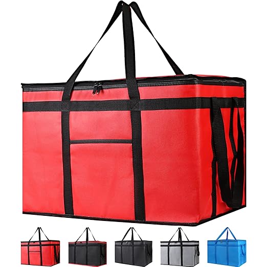 Bodaon 3-Pack Insulated Food Delivery Bag for Hot and Cold Meal, XXX-Large Cooler Bags, Grocery Tote Insulation Bag for Catering, Pizza Warmer, Red