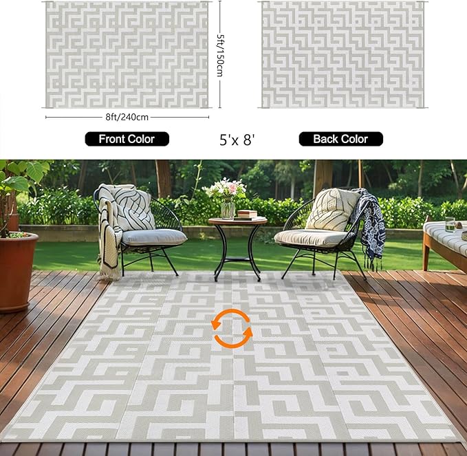 Outdoor Patio Plastic Straw Rug - 5'x8' Outdoor Camping Rug Waterproof Reversible, Area Carpet Patios Clearance RV, Outside Porch Balcony Deck for Camper, Grey & White