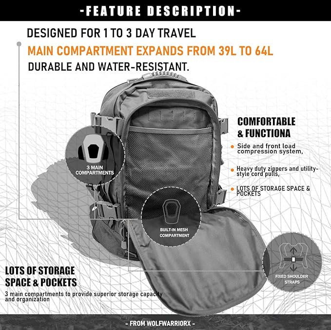 Tactical Backpack Military Army Daypack - Assault Pack for Men Molle Backpacks Bug Out Bag 3 Day Pack for Hiking Camping Travel Hunting Rucksack Trekking Grey