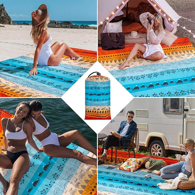 Beach Blanket Waterproof Sandproof, Outdoor Picnic Blankets Sand Free for 4 Adults, Lightweight Quick Drying Beach Mat for Beach Travel, Camping, Hiking, Boho Beach Essentials Accessories