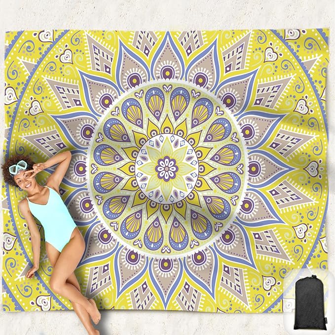 Beach Blanket Waterproof Sandproof Oversized 95”x 80”,Sand Free Beach Mat with Corner Pockets,Portable Mesh Bag for Beach Festival,Picnic,Travel and Outdoor Camping (Yellowtan)