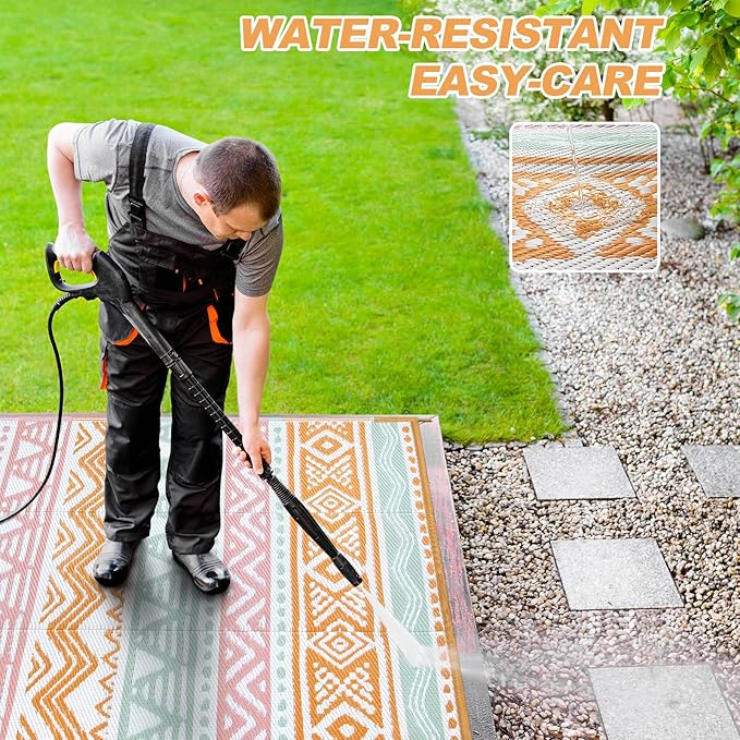 Lahome Waterproof Outdoor Rug 6x9, Reversible Outdoor Plastic Straw Rug for Camping, Large RV Outdoor Patio Rug, Outdoor Rugs Carpet for Porch Deck Backyard Balcony Picnic(Pink/Orange,6'x 9')