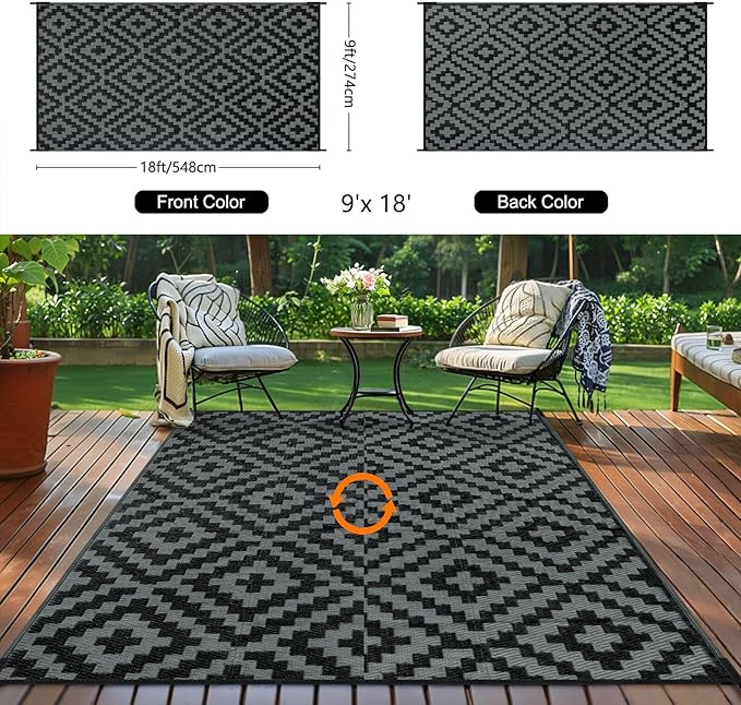 Outdoor Patio Plastic Straw Rug - 9'x18' Outdoor Camping Rug Waterproof Reversible, Area Carpet Patios Clearance RV, Outside Porch Balcony Deck for Camper, Black & Grey