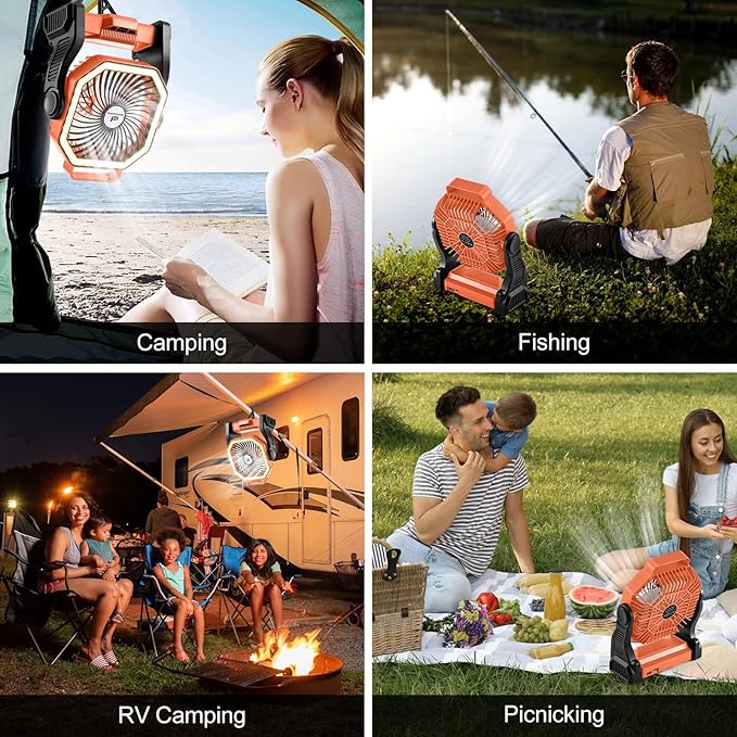 Odoland Camping Fan with LED Lantern, 20000mAh Rechargeable Battery Operated Fan, Portable Outdoor Light with Rotation Hook for Picnic Power Outage Hurricane Emergency Home Patio, Orange