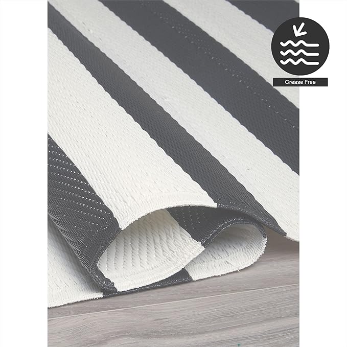 FH Home Outdoor Rug - Waterproof, Fade Resistant, Reversible - Premium Recycled Plastic - Striped - Large Patio, Deck, Sunroom, RV, Camping - Brittany Stripe - Gray & White - 9 x 12 ft Foldable