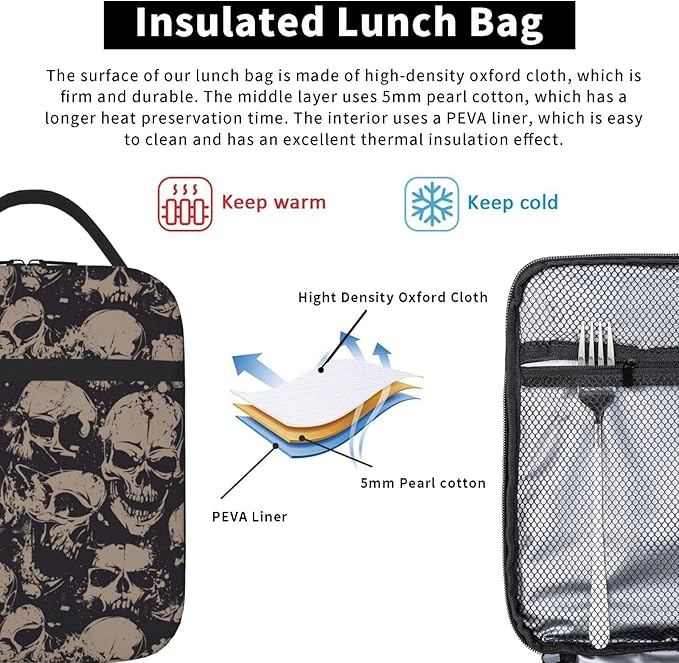 Scary Skull Horror Vintage Insulated Lunch Bag Reusable Cooler Lunch Box Portable Leakproof Thermal Container Tote Bags for Girls Boys School Travel