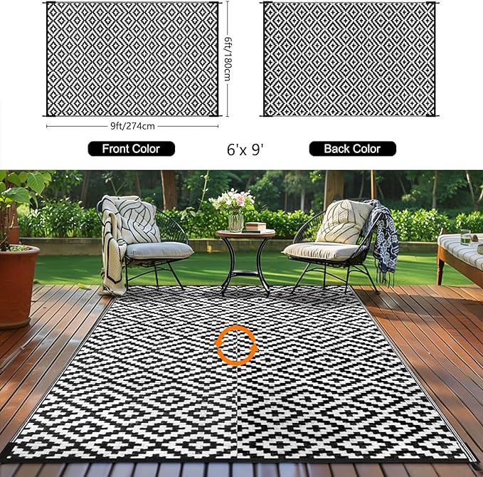 Outdoor Patio Plastic Straw Rug - 6'x9' Outdoor Camping Rug Waterproof Reversible, Area Carpet Patios Clearance RV, Outside Porch Balcony Deck for Camper, Black & White