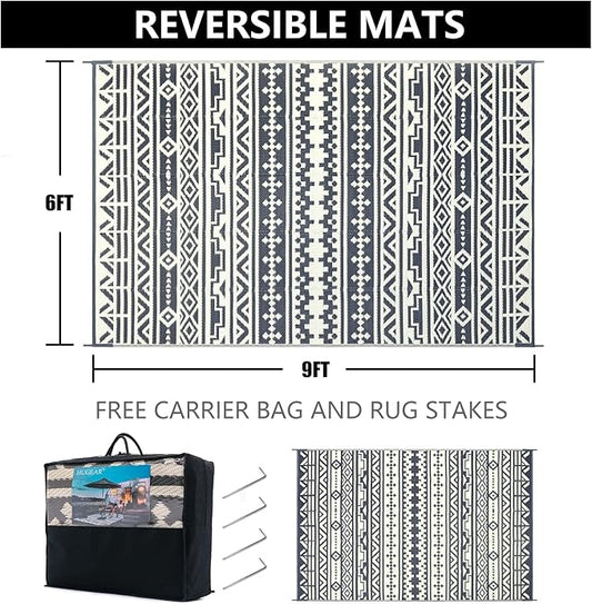 RV Outdoor Rug Waterproof Mat Outdoor Rugs 6'x9' for Patios Clearance Carpet Outdoor Camping Rugs Large Plastic Straw Rug (Geometric Boho Grey&White)