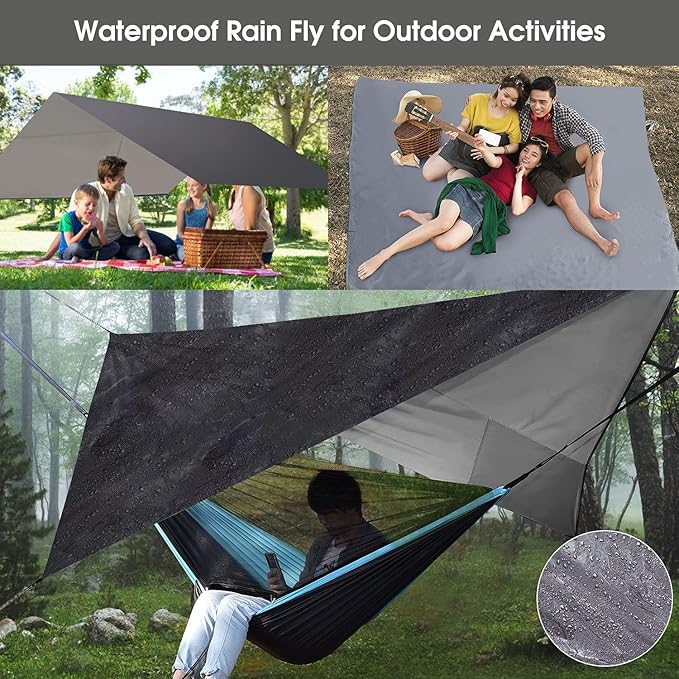 Camping Hammock with Mosquito Net Rain Fly Heavy Duty Tree Strap Nylon Parachute Single Double Hammock Tent Waterproof Rainfly Set for Camping Backpacking Backyard Patio Hiking Travel Outdoor