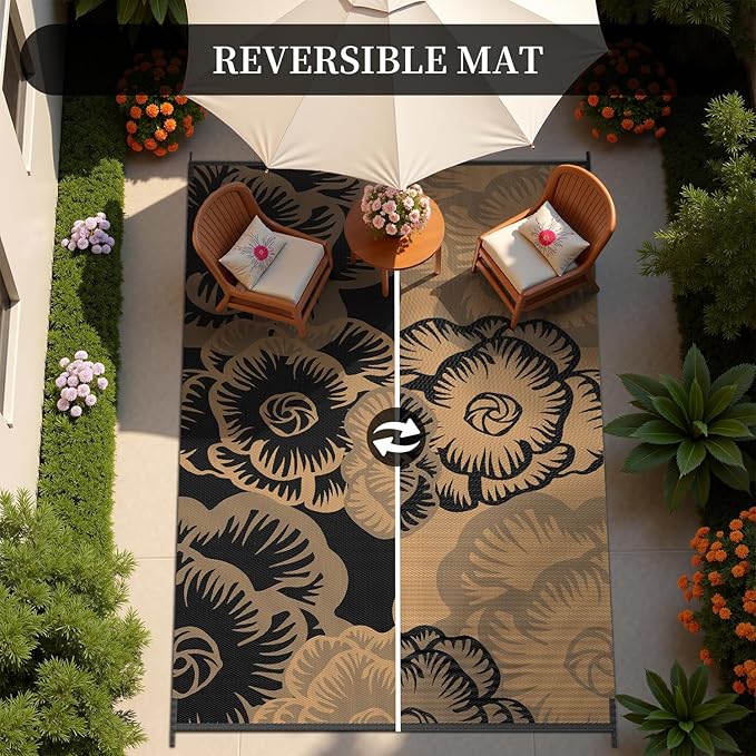 MontVoo Outdoor Rug 8x10 Waterproof Patio Rug-Outdoor Carpet Mat Reversible Plastic Straw Outside Outdoor Rug for RV Camping Picnic Beach Balcony Backyard Pool Deck Farmhouse Floral Black Brown