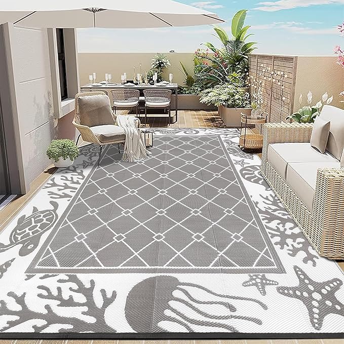 Vaukki Reversible Rugs, Plastic Straw Outdoor Doormat, Fade Resistant Plastic Outdoor Patio Mat, Lightweight Ocean Area Carpet for Patio, RV, Camping, Beach, Deck, Backyard and Picnic (Grey, 8'x10')