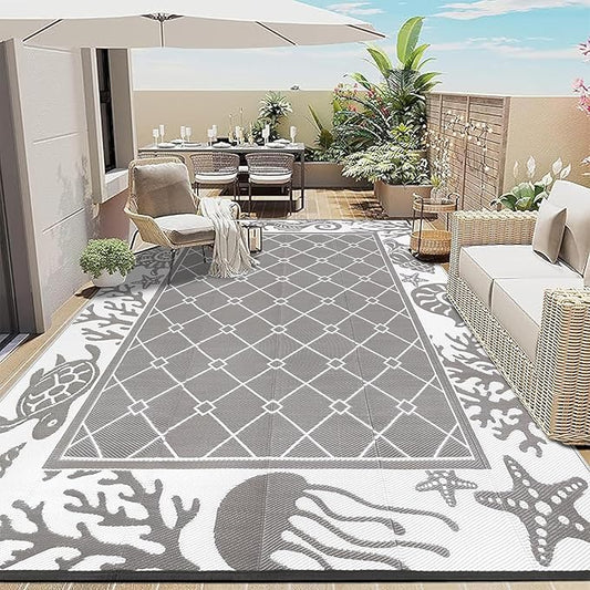 Vaukki Reversible Rugs, Plastic Straw Outdoor Doormat, Fade Resistant Plastic Outdoor Patio Mat, Lightweight Ocean Area Carpet for Patio, RV, Camping, Beach, Deck, Backyard and Picnic (Grey, 8'x10')