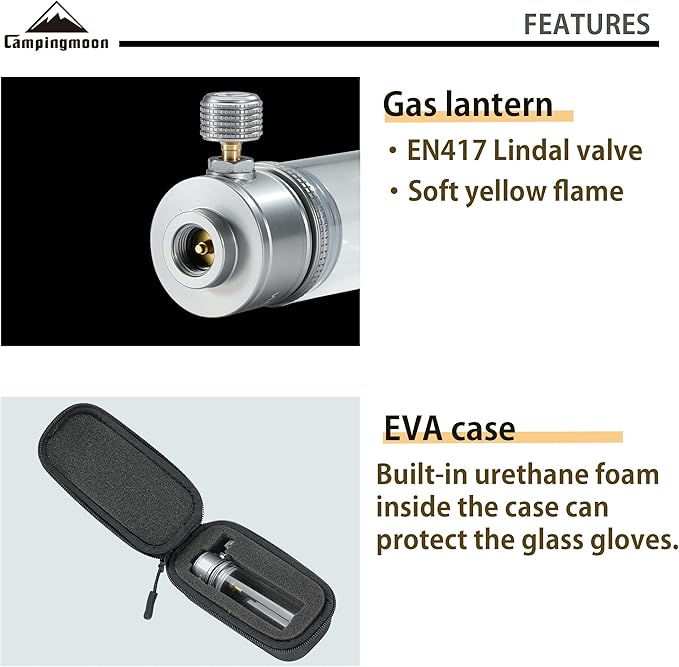 CAMPINGMOON Gas Candle Lantern w/ EN417 Lindal Valve Standrad Camping Canister T-1D