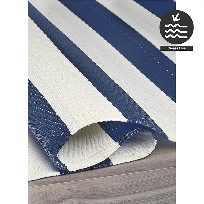 FH Home Outdoor Rug - Waterproof, Fade Resistant, Reversible - Premium Recycled Plastic - Striped - Patio, Deck, Porch, Balcony, Laundry Room - Brittany Stripe - Blue & White Crease Free - 4 x 6 ft