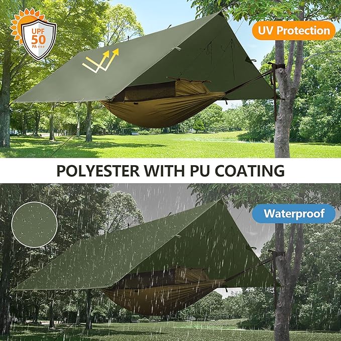 FREE SOLDIER Camping Tarp Waterproof Portable Multifunctional Outdoor Camping Traveling Awning Backpacking Shelter Rain Tarp (Dark Green 13×13ft)