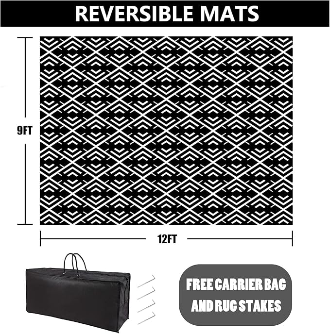 RV Outdoor Rug Waterproof Mat Outdoor Rugs 9'x12' for Patios Clearance Carpet Outdoor Camping Rugs Large Plastic Straw Rug(9x12ft Geometric Black&White)
