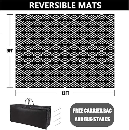 RV Outdoor Rug Waterproof Mat Outdoor Rugs 9'x12' for Patios Clearance Carpet Outdoor Camping Rugs Large Plastic Straw Rug(9x12ft Geometric Black&White)